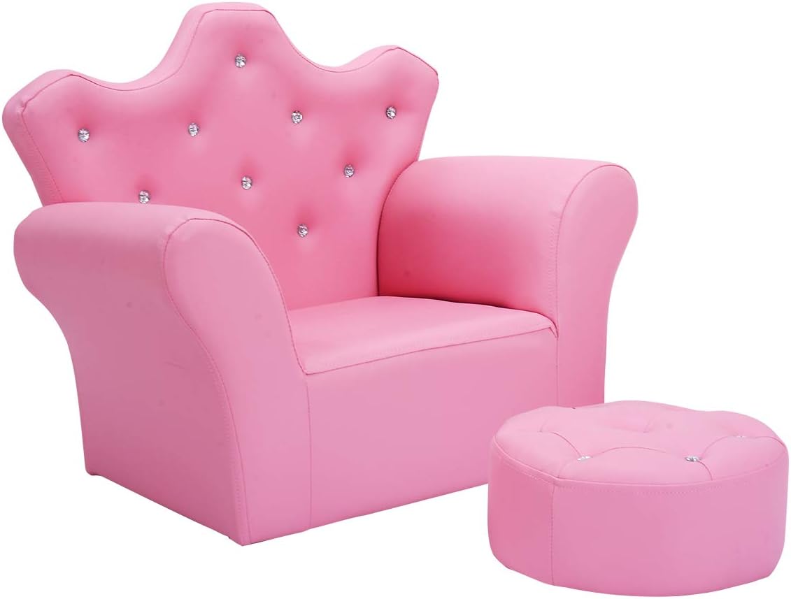 HONEY JOY Kids Sofa, Children Princess Upholstered Couch Armrest Chair with Ottoman, PVC Leather & Embedded Crystal, Toddler Bedroom Furniture for Baby Girl (Pink)