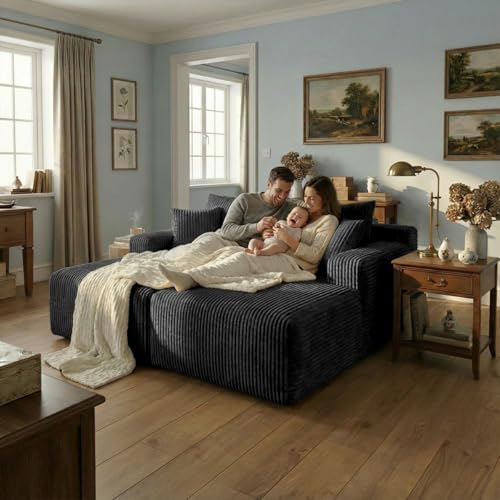 Sytopia Loveseat Chaise Lounge with Armrests, Oversized Sofa Bed with 4 Pillows, Cozy Boneless Sleeper, Modular Sectional Couch for Living Room Bedroom, Floor Chair Furniture sala Corduroy