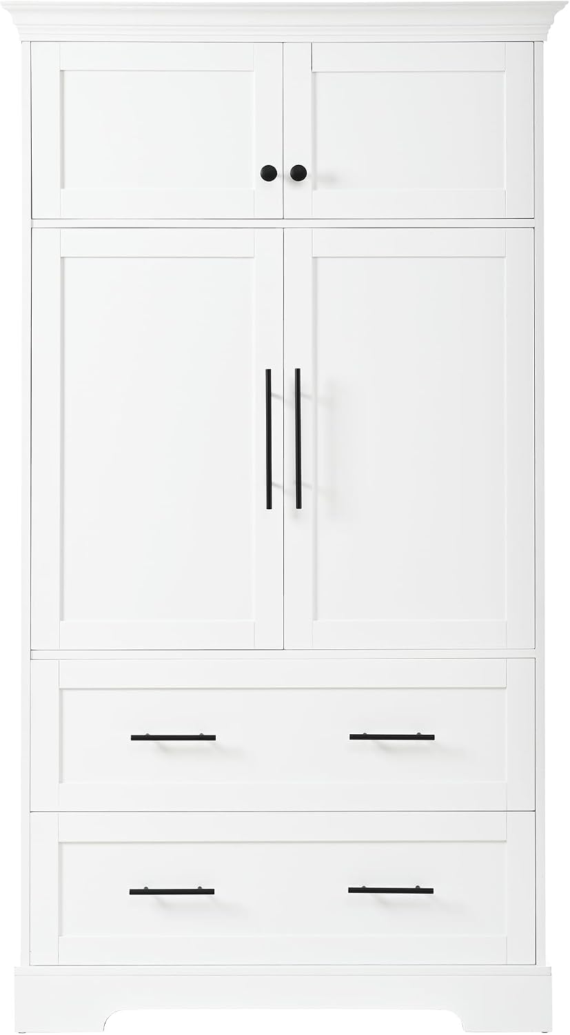 Farmhouse Pantry Cabinet, Tall Freestanding Kitchen Storage Cabinet with Pull-Out Trays, Drawers and Cake Pan Storage Organizer for Dining Room (White)