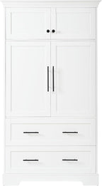 Farmhouse Pantry Cabinet, Tall Freestanding Kitchen Storage Cabinet with Pull-Out Trays, Drawers and Cake Pan Storage Organizer for Dining Room (White)