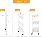 3-Tier Folding Rolling Utility Cart with Wheels, Foldable Storage Cart Organizer with 3 Hanging Cups & 6 Hooks for Kitchen, Office, Living Room, Nursery(White)