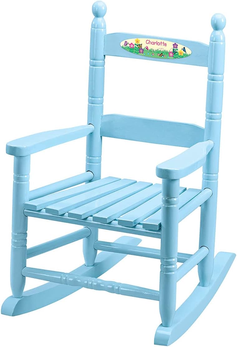 Fox Valley Traders Custom Childrens Rocking Chair, Features Classic Rocker Design and Hardwood Construction, Blue Finish with Flowers & Buterflies Design