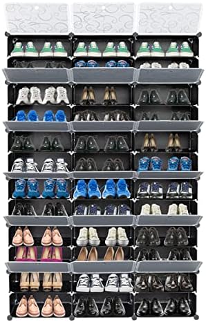 Portable Shoe Rack Organizer, 72-Pair Modular DIY Cube Storage, 10-Tier, Black, 47.25" W x 12" D x 72" H