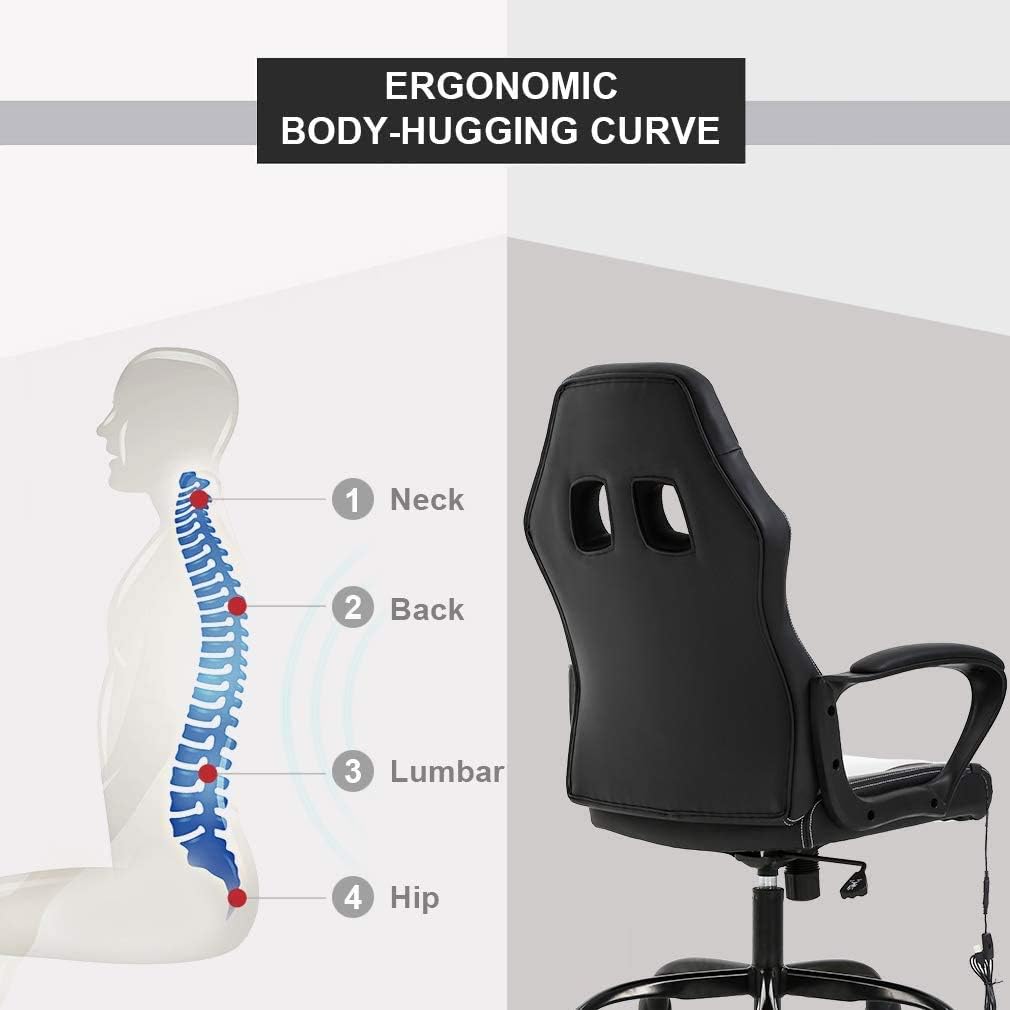 Office Chair Gaming Chair Desk Chair Ergonomic High Back Massage Computer Chair with Lumbar Support & Comfort Armrest PU Leather Rolling Task Racing PC Swivel Executive Chair for Men Women, White