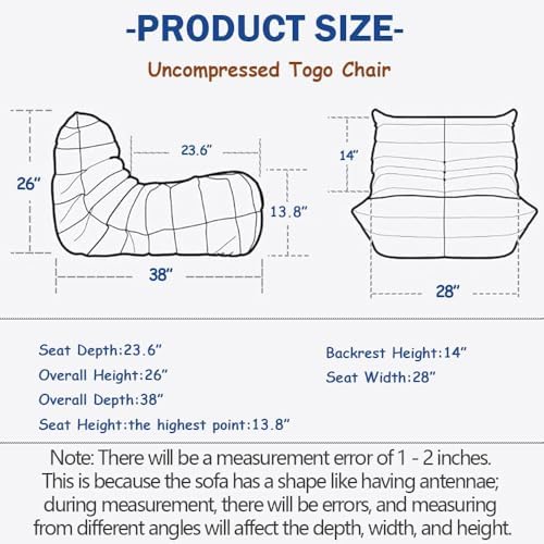 High-end Uncompressed Togo Bean Bag Chair for Adults, Memory Foam Floor Sofa Couch with Soft Fabric, Comfy Fireside Lounge Chair for Living Room, Bedroom, Apartment & Reading Nook Suede Antique White