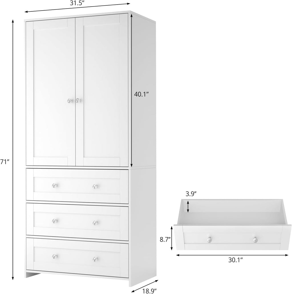 VOWNER 71" Tall Armoire Wardrobe Closet with Drawers and Mirror | Clothing Storage Cabinet with Hanging Rod, 2 Doors Wooden Wardrobe Cabinet for Bedroom, Large Capacity Storage (White)