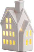 White Christmas Village Houses,LED Lighted Ceramic White Small House and Xmas Tree Tabletop Figurines, Light Up Christmas Decorations for Home Shelf Cabinet Table Winter Deco