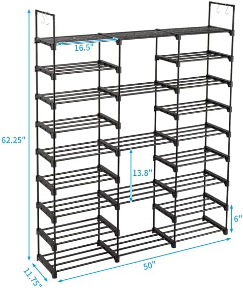 9-Tier Adjustable Metal Shoe Rack Organizer, Large Capacity Freestanding Shelf with Hooks, 50-55 Pairs, 50 x 62.25 Inch