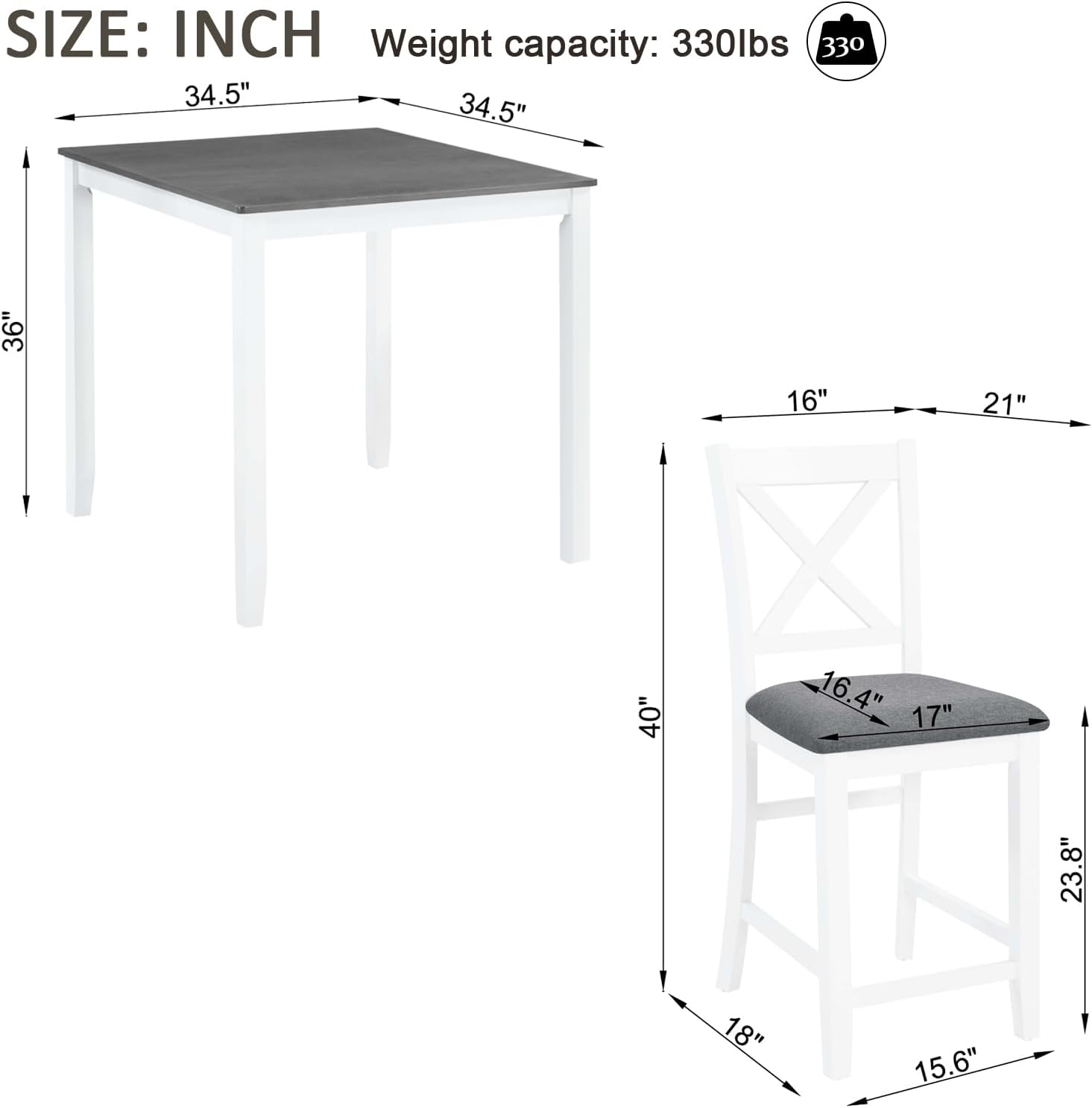 LUMISOL 5-Piece Counter Height Dining Set, Wooden Square Table with 4 Chairs, Space-Saving 4-Person Dining Table Set for Small Kitchen Dining Room, Grey + White