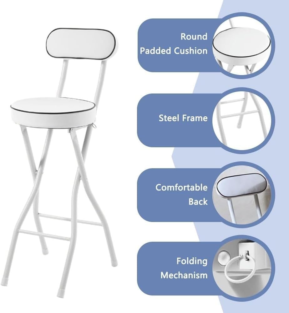 Folding Bar Stool with Steel Frame and Comfortable Back for Home Kitchen Events Padded Tall Chair(Black,70cm/27.5in)