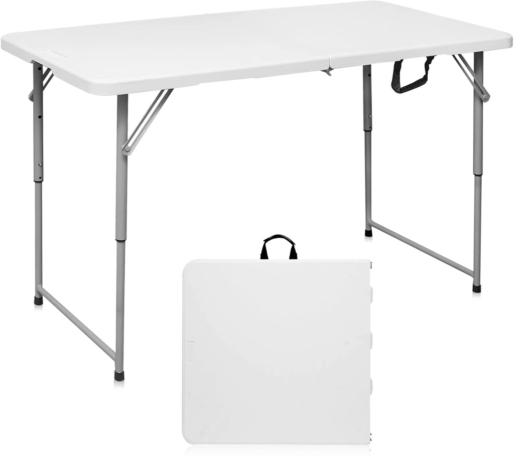 Byliable Folding Table 4 Foot Portable Heavy Duty Plastic Fold-in-Half Utility Table Small Indoor Outdoor Adjustable Height Folding with Carrying Handle, Camping and Party,White