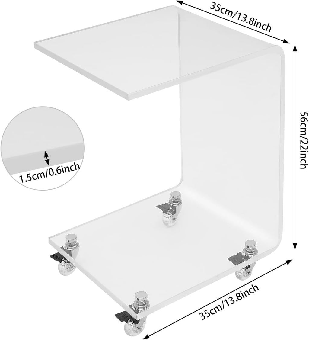 C-Shaped Side Table, Clear Acrylic Mobile End Table, 22 Inch Tall Snack Table with Wheels for Living Room, Study Room, Bedroom