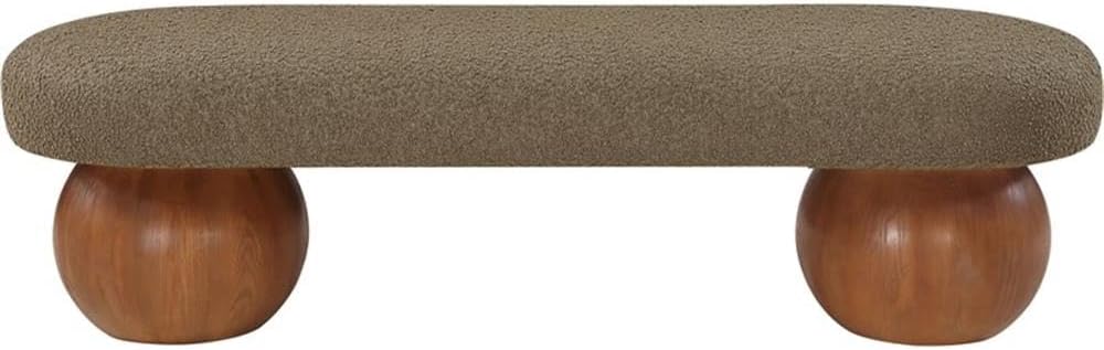 Pemberly Row Contemporary Boucle Fabric Bench, 59.5" W, Olive Green Upholstery, Walnut Ash Wood Ball-Shaped Legs, Art Deco Style, Living Room or Bedroom Accent Seating