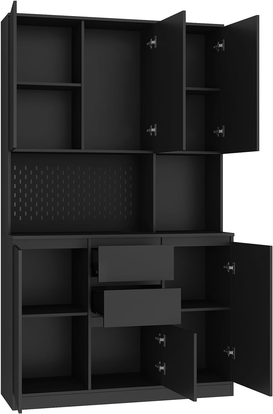 74’’ Farmhouse Kitchen Pantry Cabinet, Tall Kitchen Storage Cabinet with Power Outlet and Microwave Stand, Freestanding Kitchen Hutch Cabinet with 2 Drawers, 6 Doors for Kitchen Living Room, Black
