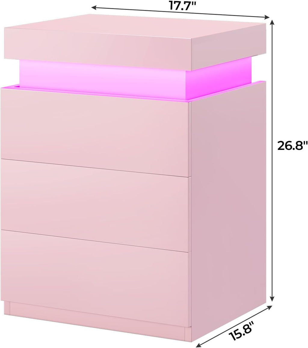 BTHFST LED Pink Nightstands Set of 2 with Charging Station | Nightstand with Sliding Top,Bedside Table with Power Outlets & Drawers,Modern Side Table