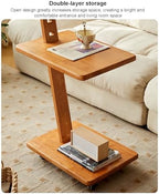 Solid Wood 2-Tier Side Table with Adjustable Height, Mobile End Table & Storage Shelves, Versatile Coffee Cart for Living Room & Bedroom Use