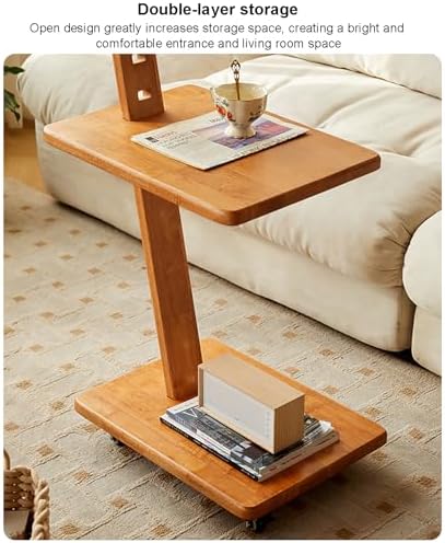 Solid Wood 2-Tier Side Table with Adjustable Height, Mobile End Table & Storage Shelves, Versatile Coffee Cart for Living Room & Bedroom Use