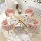Gold Luxury Round Glass Dining Table Set for 4, 5 Pcs Clear Circle Glass Top Dinner Room Set, 36'' Modern Minimalist Circular Kitchen Table Set, Pink Woven Chair, for Small Place Apartment
