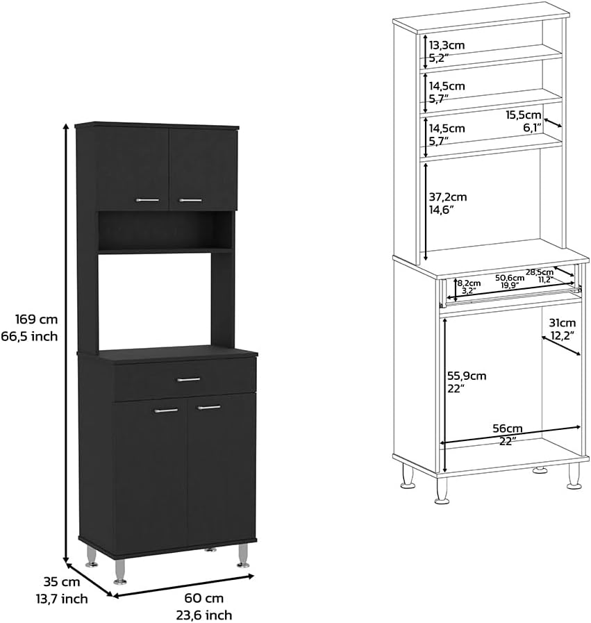 Black 67" H Pantry Cabinet, 4 Doors, 1 Drawer, Microwave Storage & 5 Shelves