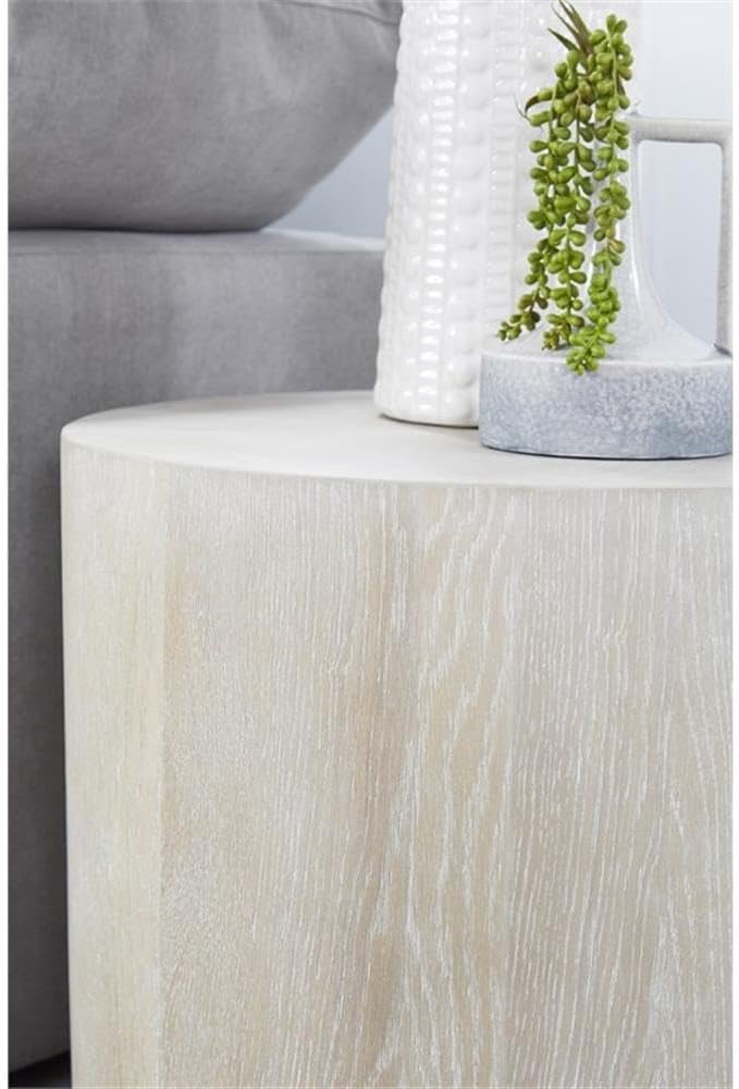 Pemberly Row Round Oak Veneer End Table, 22 in Diameter, Natural Gray Finish, Brushed Silver Metal Base, Diamond Pattern Top, Sleek Contemporary Design, Living Room Furniture