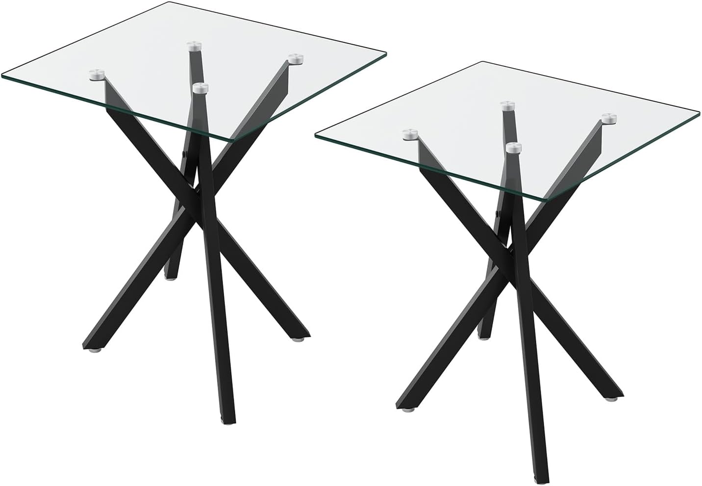 Modern Square End Table with Glass Top, Glass End Side Table for Living Room Office, 17.72 x 17.72 x 20.87 inches, Black Metal X-Base, Adjustable Feet (2, Black)