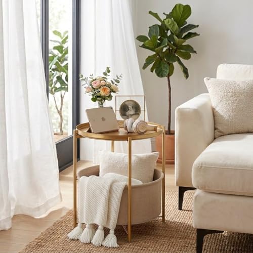 danpinera Gold Side Table with Fabric Storage Basket, Metal Round Side Small Bedside Table Nightstand with Removable Tray for Living Room, Bedroom, Outdoor Table for Patio, Nursery, Bathroom, Gold
