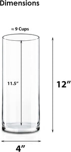 CYS Excel Clear Glass Cylinder Vase (H:12" D:4") | Multiple Size Choices Glass Flower Vase Centerpieces | Hurricane Floating Candle Holder