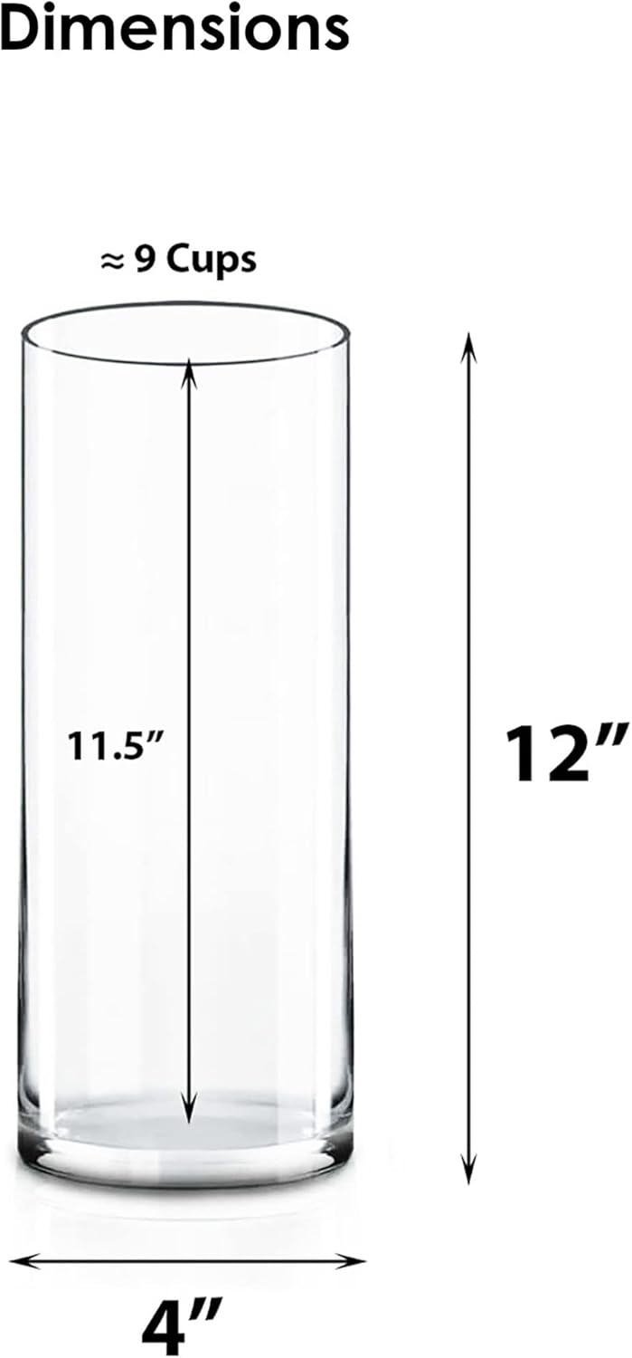 CYS Excel Clear Glass Cylinder Vase (H:12" D:4") | Multiple Size Choices Glass Flower Vase Centerpieces | Hurricane Floating Candle Holder