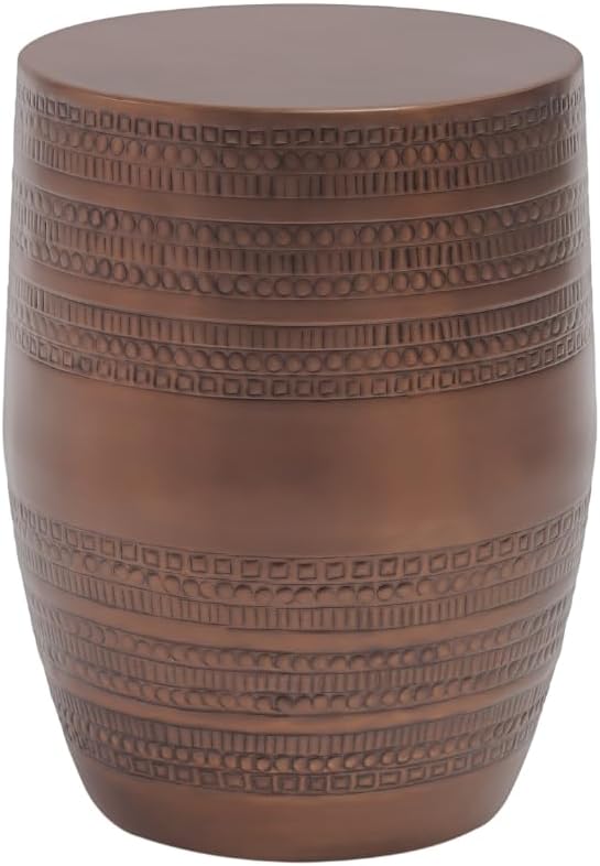 Modern Round Aluminum Hammered Embossed Texturing Metal End Table, Hand-Stamped Iron, Boho Accent Side Table, Drum Shaped, for the Living Room and Bedroom, Copper