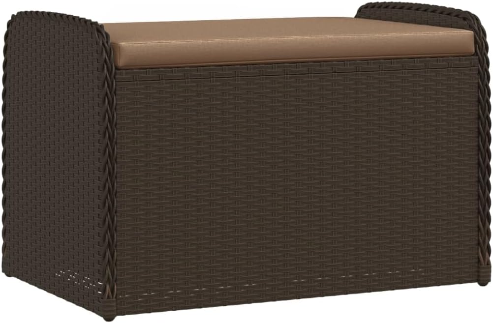 Brown PE Rattan Outdoor Storage Bench, Weatherproof Patio Furniture with Cushion, Garden Deck Box for Porch, 242.5 lbs Capacity Bench Seating