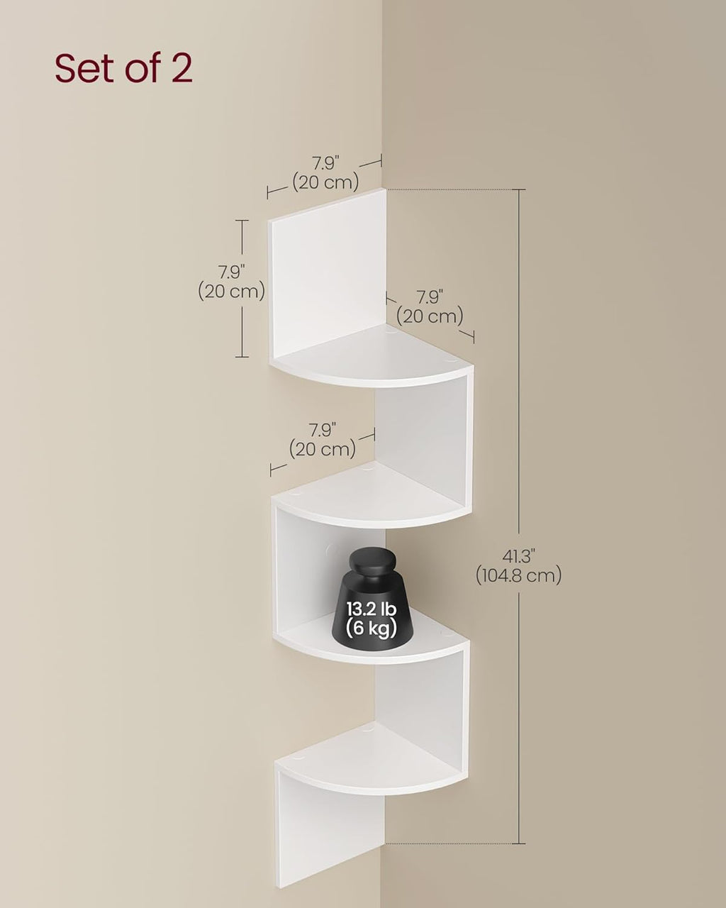 VASAGLE Set of 2, Corner Shelves Wall Mount, 4-Tier Floating Corner Bookshelves, Plant Shelves for Bedroom, Living Room, Bathroom, Home Office, Cloud White