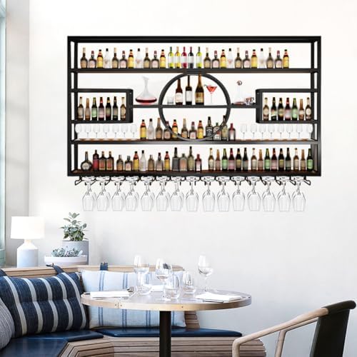 126in Wine Rack Wall Mounted, Large Capacity Hanging Wine Bottles Display Shelf with Glasses Holder, 4 Tier Industrial Bar Liquor Storage Shelves for Home Bar Kitchen,Living Room (Black, 126in)