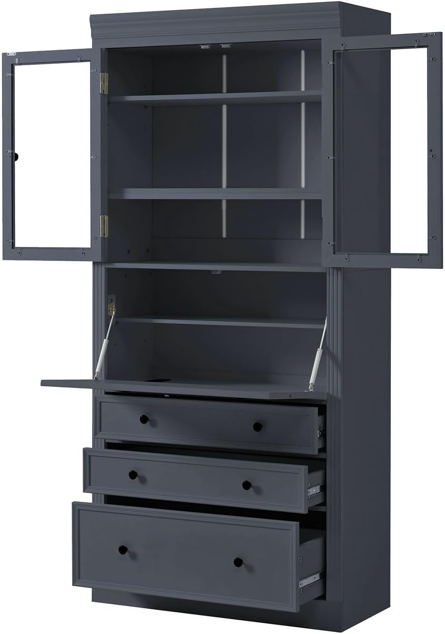 SOFTSEA Kitchen Pantry Cabinet with 3 Drawers, Kitchen Storage Cupboard with Power Outlet and Adjustable Shelves, Freestanding Display Cabinet for Living Room Dining Room, 36x16.5x78inch, Grey