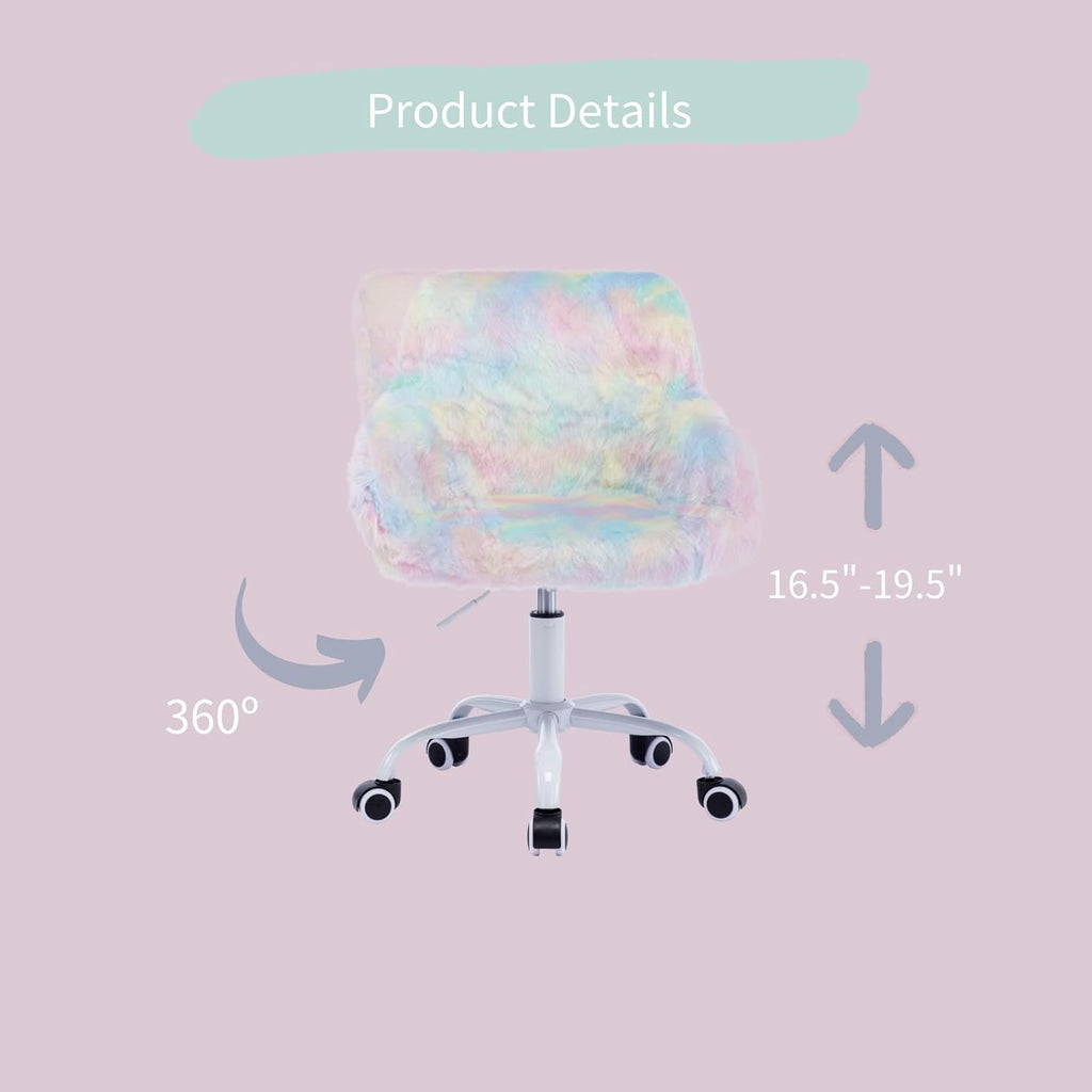 HEAH-YO Swivel Kids Chair with Wheels, Adjustable Kid Desk Chair with Arms, Cute Faux Fur Kids Study Chairs for Boys and Girls, Rainbow Color