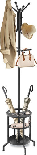 Coat Rack Freestanding, Coat Stand with Umbrella Holder, Metal Coat Tree with 12 Hooks, Coat Hanger Stand for Entryway, Coat Rack Stand for Bedroom, Living Room & Office