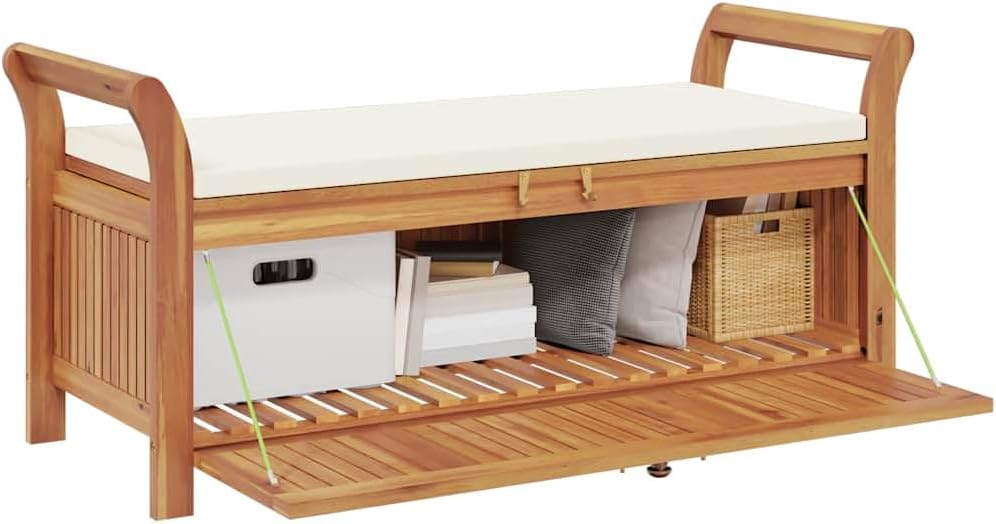 Solid Acacia Wood Patio Storage Bench 49.6 Inch | With Cushion, Curved Arms, Ample Storage for Pillows and Blankets, Assembly Manual Included