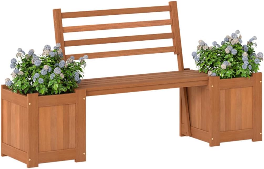 Outdoor Garden Bench with Integrated Planter Boxes – Sturdy Hardwood Construction for Patio, Deck or Yard Landscaping