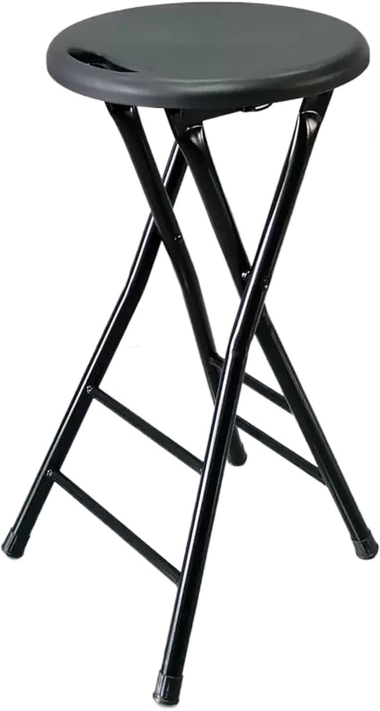 Portable Folding Bar Stool with Handle Round Compact High Chair for Kitchen Camping Outdoor Steel Frame(Black,60cm/24inch)