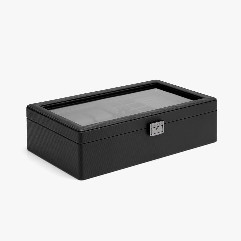 VLANDO 6-Slot Watch Box for Men, Lockable 2-Layer Organizer with Glass Lid, Textured Leather Case for Watches, Rings, Bracelets and Glasses, Gift for Husband or Dad