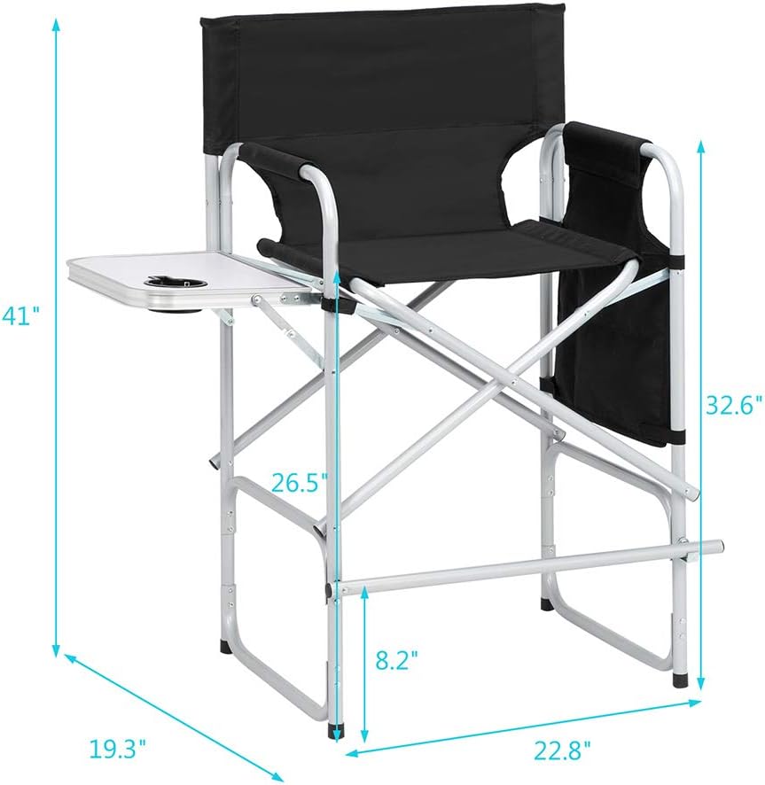 Tall Makeup Chair 41'', Director Chair for Makeup Artist with Table, Cup Holder, Storage Bag & Footrest, 300 lbs Foldable Portable