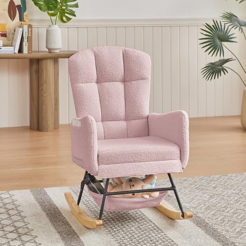 Pink Teddy Glider Rocker, Comfy Upholstered Nursery Rocking Chair with High Backrest, Modern Accent Armchair for Bedroom Living Room, Wood Legs & Steel Frame