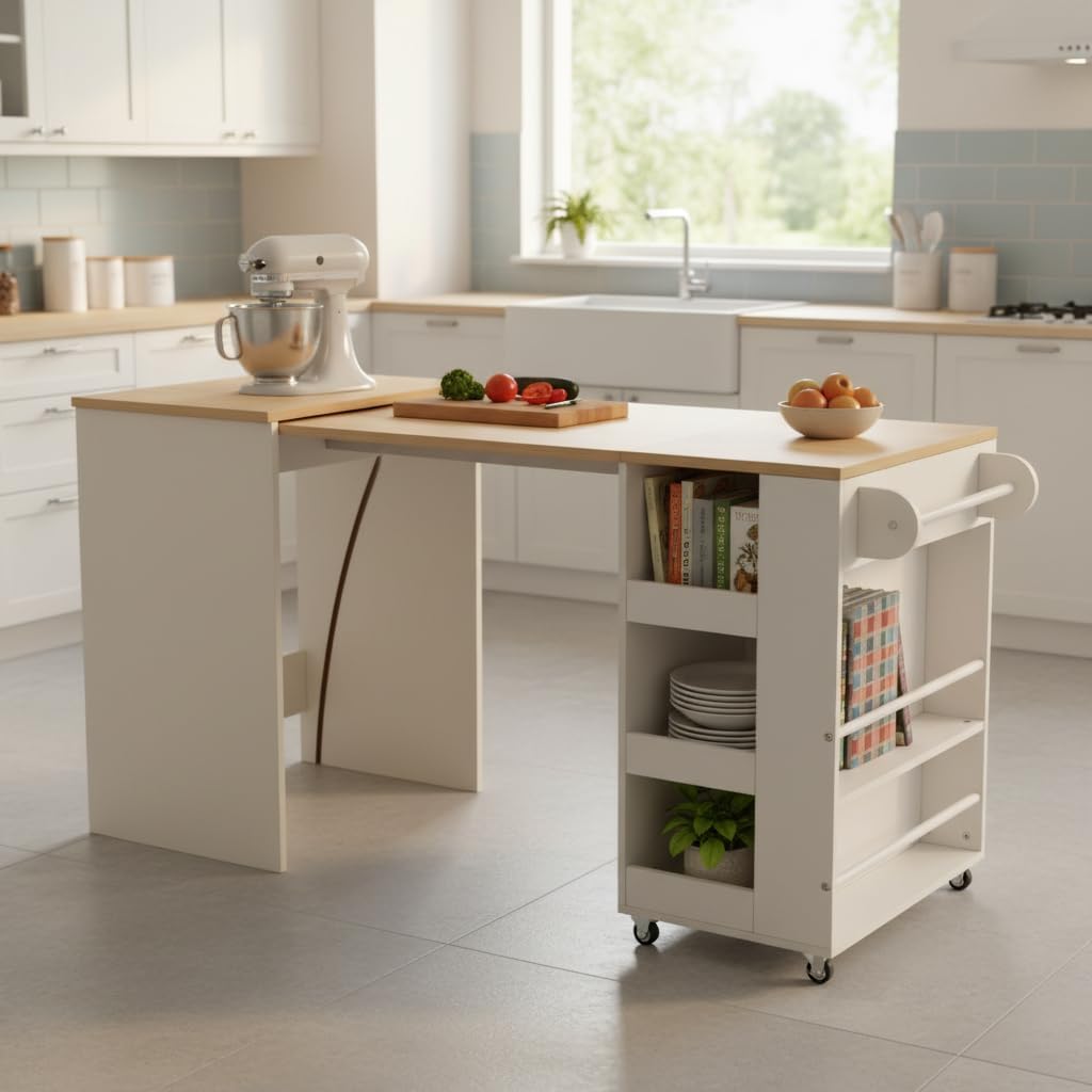 EROMMY 52" Extendable Kitchen Island with Faux Marble Top, Rolling Kitchen Cart with Pull-Out Dining Table, Spice Rack, Towel Bar, Mobile Breakfast Bar Station with Storage for Small Space (White)
