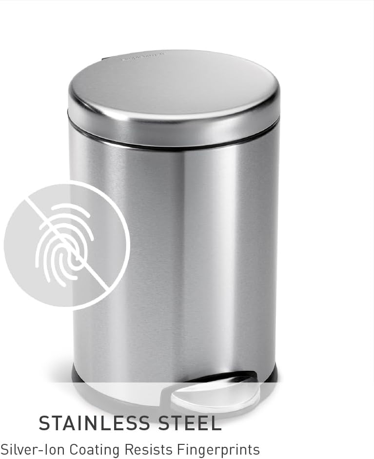 simplehuman Round Step Can, 4.5L / 1.2 Gallon Compact Bathroom Trash Can, 150,000-Step Pedal, Lid Shox® Silent Close, Removable Inner Bucket, Brushed Stainless Steel
