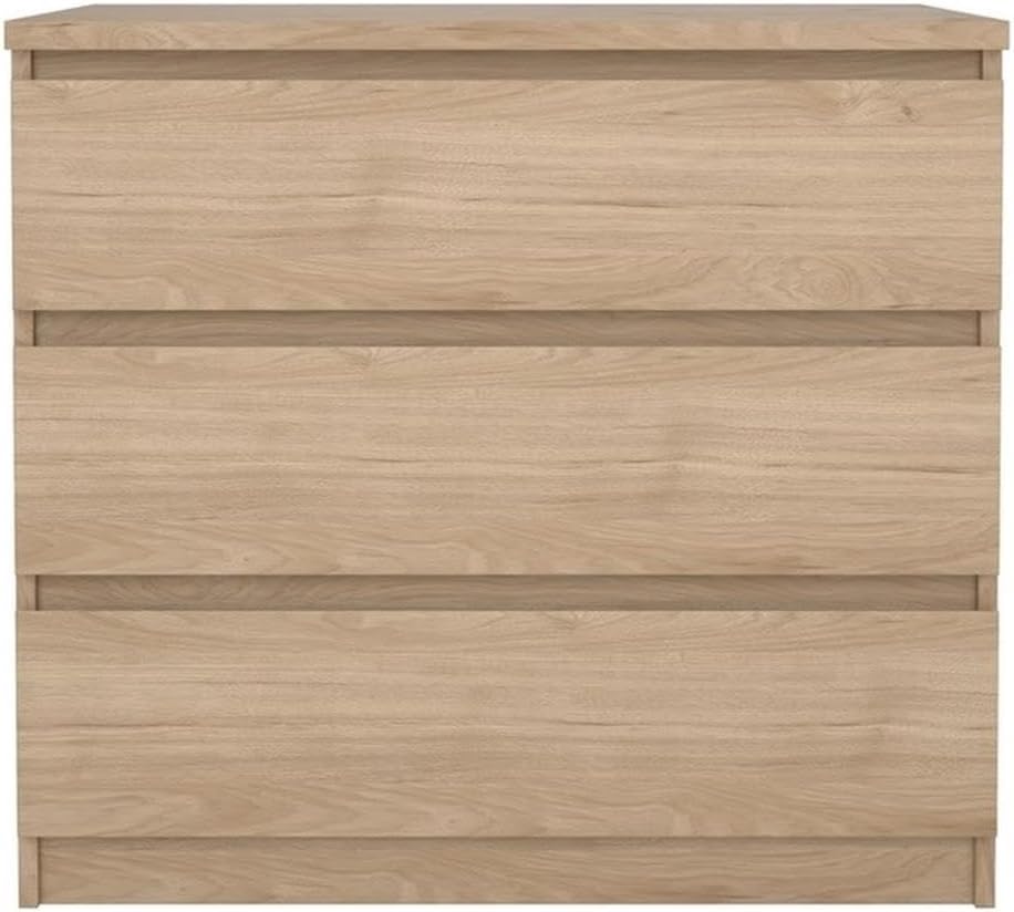 Pemberly Row Contemporary 3-Drawer Chest, Engineered Wood, Jackson Hickory Finish, Compact Design, Handle-Free Drawers, Smooth Metal Glides, Dorm or Small Living Space Storage Solution