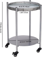 2-Tier Round Rolling Side Table, Silver Gray Metal Frame, 15.75 inch Diameter, Mobile End Table with Wheels for Living Room, Bedroom
