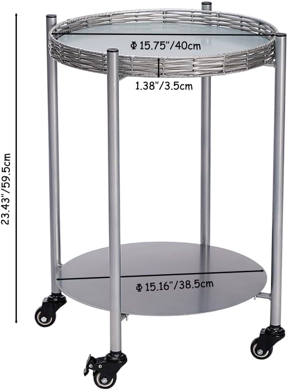 2-Tier Round Rolling Side Table, Silver Gray Metal Frame, 15.75 inch Diameter, Mobile End Table with Wheels for Living Room, Bedroom