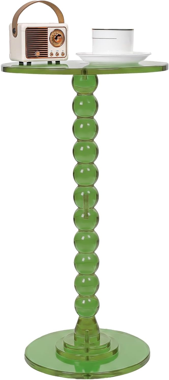 Acrylic Round Side Table, 11.8" D x 21.7" H Clear Pedestal End Table with Column Base, Space-Saving Nightstand Accent Tables for Living Room, Bedroom, Balcony, Easy Assembly, Green