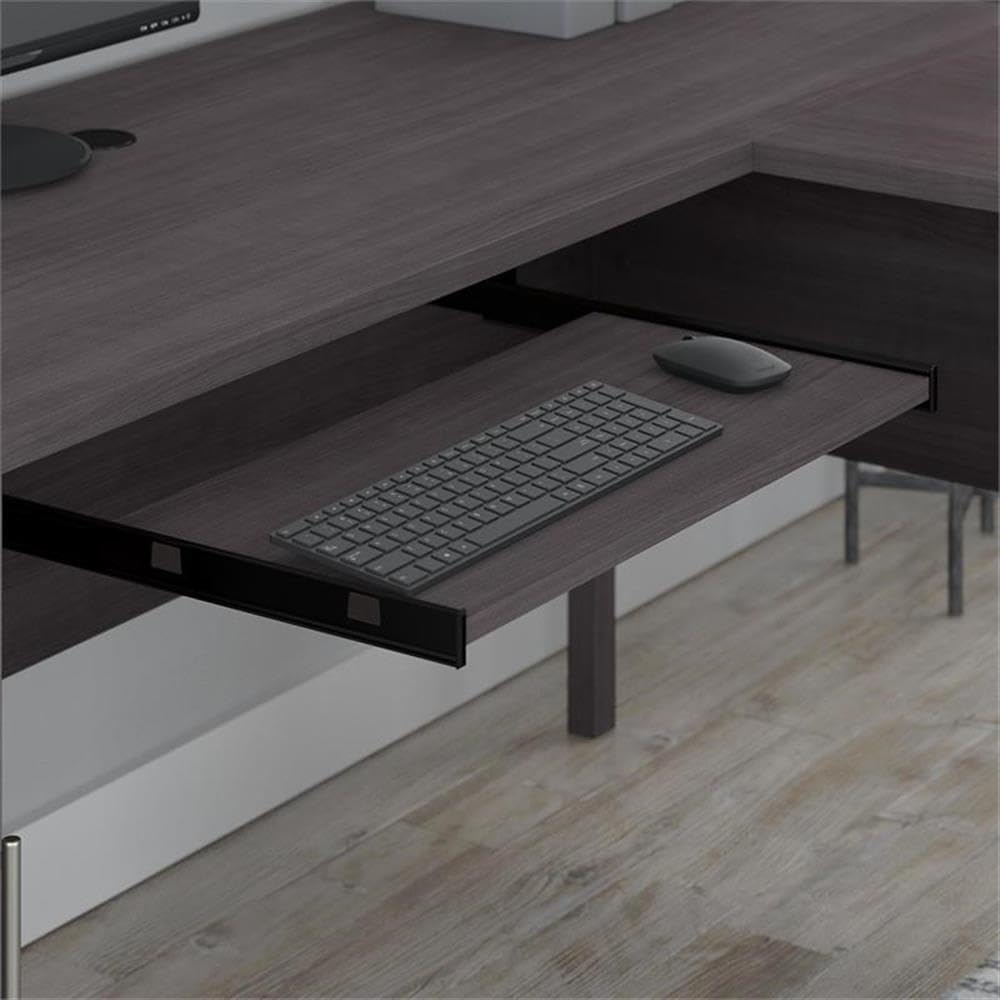 Bush Home Somerset 60W L Shaped Desk with Hutch and 5 Shelf Bookcase in Storm Gray