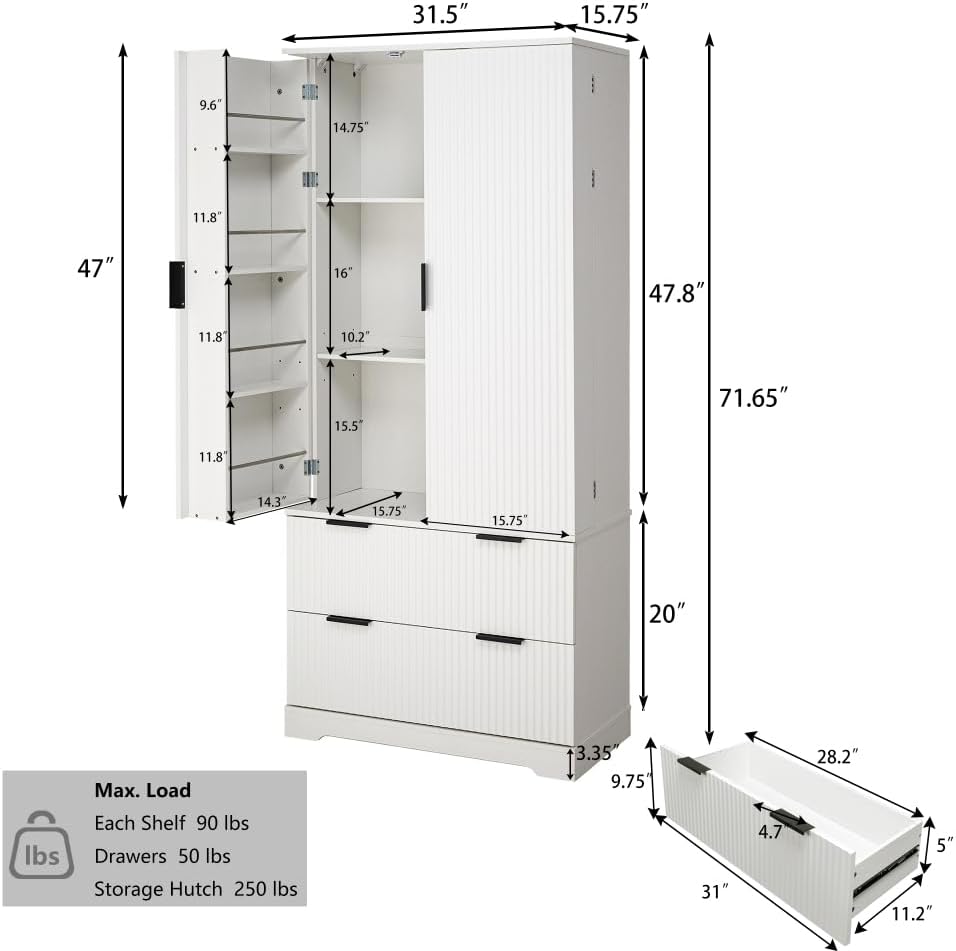 72" Modern Fluted Kitchen Pantry Cabinet with 2 Large Drawers & 8-Door Spice Rack, Freestanding Storage Organizer for Bathroom, Dining Room, Office, Entryway (White)