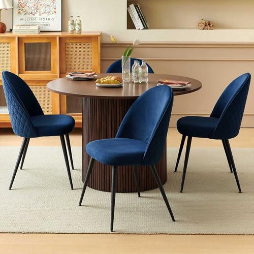 Homedot Round Kitchen Dining Table Set for 4, Modern Breakfast Dinner Dinette Table Set with Navy Blue Dining Side Chairs Upholstered, Mid Century Wooden Dining Set for Dining Room, Reception Room
